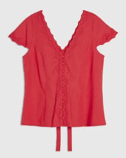 Pink Linen Lace Trim Top