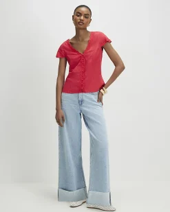 Pink Linen Lace Trim Top