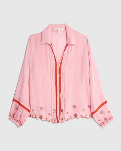 Pink Long Sleeve Embroidered Beach Shirt