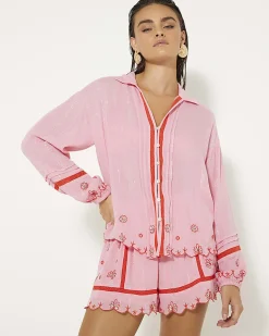 Pink Long Sleeve Embroidered Beach Shirt