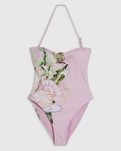 Pink Lotus Print Bandeau Swimsuit