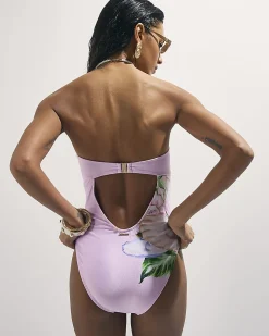 Pink Lotus Print Bandeau Swimsuit