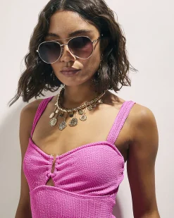Pink Metal Trim Textured Swimsuit
