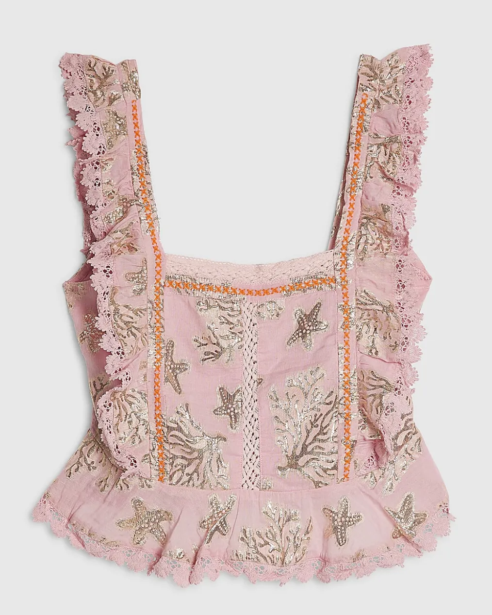 Pink Metallic Coral Print Ruffle Blouse