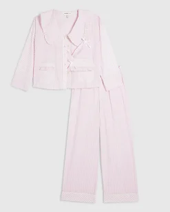 Pink Oversized Collar Striped Pyjama Set