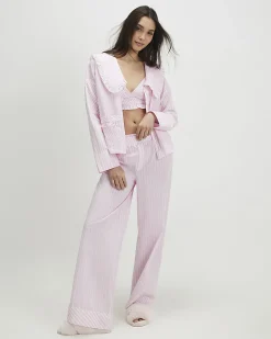 Pink Oversized Collar Striped Pyjama Set