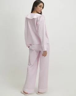 Pink Oversized Collar Striped Pyjama Set