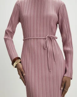 Pink Plisse Belted Midi Dress