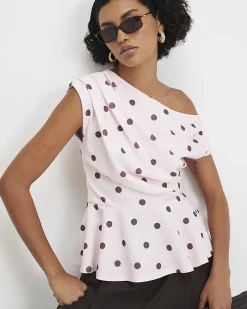 Pink Polka Dot Drape Peplum Top