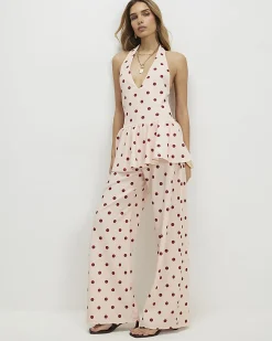 Pink Polka Dot Halter Neck Peplum Top
