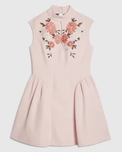 Pink Premium Floral Embroidered Mini Dress