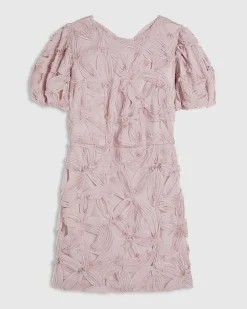 Pink Puff Sleeve 3D Floral Mini Dress