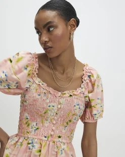 Pink Puff Sleeve Floral Shirred Mini Dress