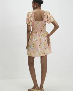 Pink Puff Sleeve Floral Shirred Mini Dress