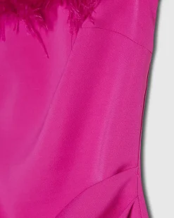Pink Satin Bardot Feather Trim Mini Dress