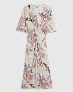 Pink Satin Floral Twist Front Midi Dress