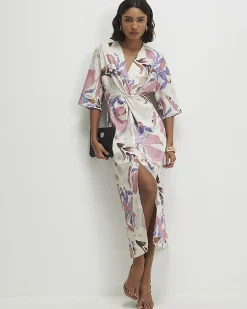 Pink Satin Floral Twist Front Midi Dress