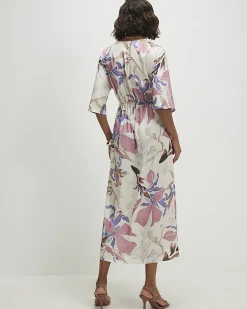 Pink Satin Floral Twist Front Midi Dress