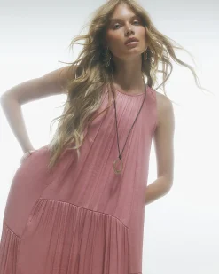 Pink Satin Sleeveless Halter Neck Midi Dress