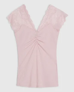 Pink Short Sleeve Lace Trim Ruched Top