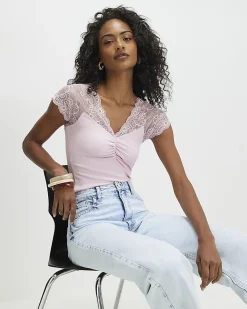 Pink Short Sleeve Lace Trim Ruched Top