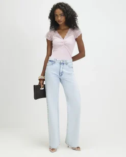 Pink Short Sleeve Lace Trim Ruched Top