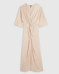 Pink Short Sleeve Twist Front Midi Dress