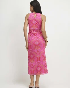 Pink Sleeveless Drape Midi Dress
