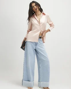 Pink Slim Fit Satin Long Sleeve Shirt