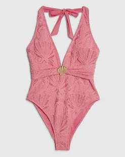 Pink Texture Shell Trim Halter Neck Swimsuit