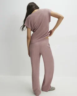 Pink Textured Wide Leg Trousers