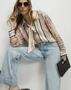 Pink Tie Neck Chain Print Shirt