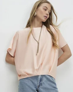 Pink Tuck Hem Satin T-Shirt
