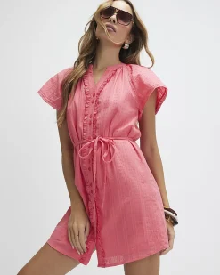 Pink V Neck Short Sleeve Frill Mini Dress