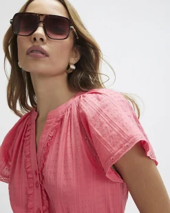 Pink V Neck Short Sleeve Frill Mini Dress