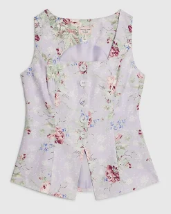Purple Floral Print Square Neck Waistcoat