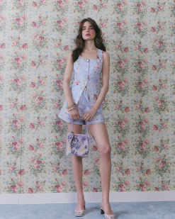 Purple Floral Print Square Neck Waistcoat