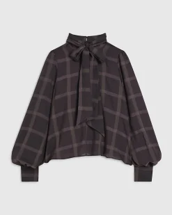 Purple Check Print Pussybow Blouse