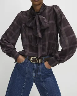Purple Check Print Pussybow Blouse