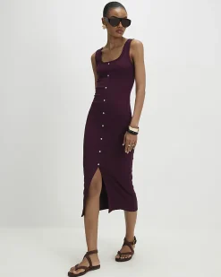 Purple Cotton Blend Button Front Midi Dress