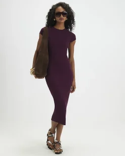 Purple Cotton Blend Cap Sleeve Midi Dress