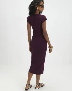 Purple Cotton Blend Cap Sleeve Midi Dress