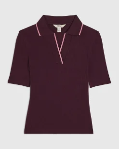 Purple Cotton Blend Ribbed Polo Top