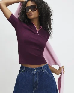Purple Cotton Blend Ribbed Polo Top