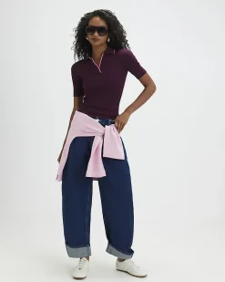 Purple Cotton Blend Ribbed Polo Top