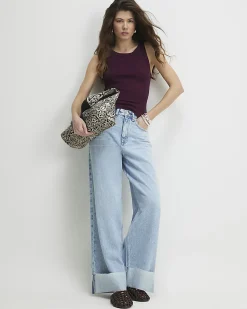 Purple Cotton Blend Sleeveless Rib Tank Top