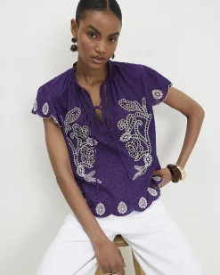 Purple Cotton Broderie Tie Neck Blouse