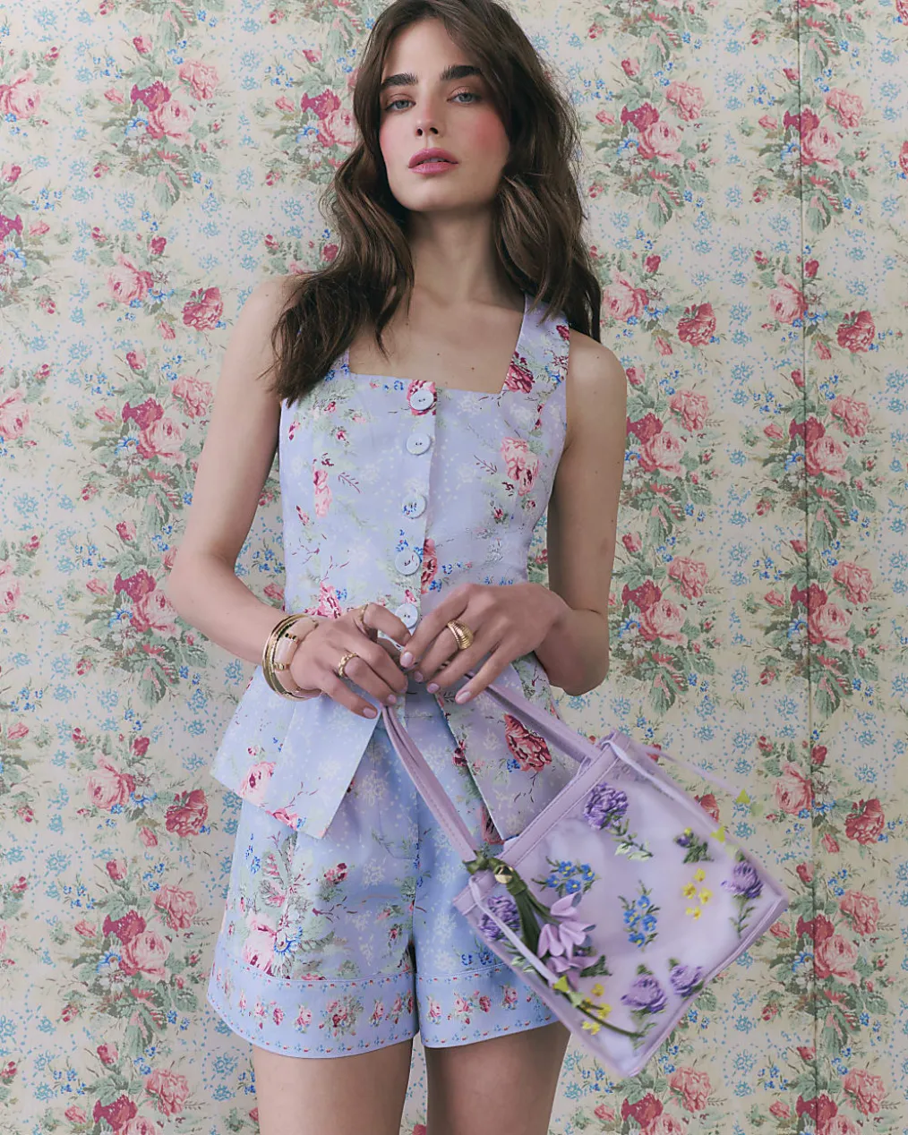 Purple Cotton Floral Print Shorts