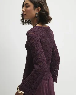 Purple Crochet Knit Boat Neck Jumper