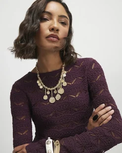 Purple Crochet Knit Boat Neck Mini Dress
